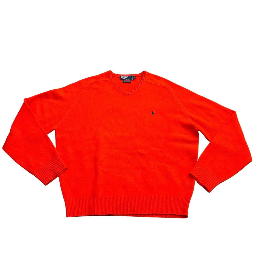 Polo Ralph Lauren Red Orange Lambswool V-Neck Sweater Men Large Embroidered Pony